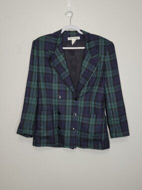 Vintage 90s Cathy Hardwick blue green plaid button front slight crop blazer 10